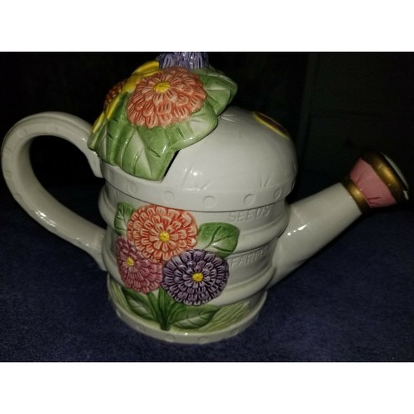 1993 Fitz & Floyd Omnibus Seeds Of Spring Watering Can Flower Teapot Cookie Jar - Picture 2 of 11